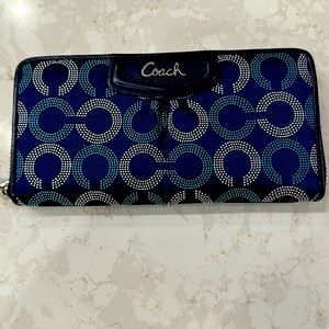 Coach Cloth C Logo Blue Long Zip Around Wallet With Coach Name in front